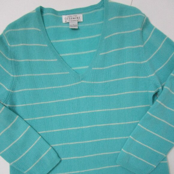 CASHMERE Aqua Blue Stripe Pullover Sweater Cuddly v Neck - Picture 10 of 10